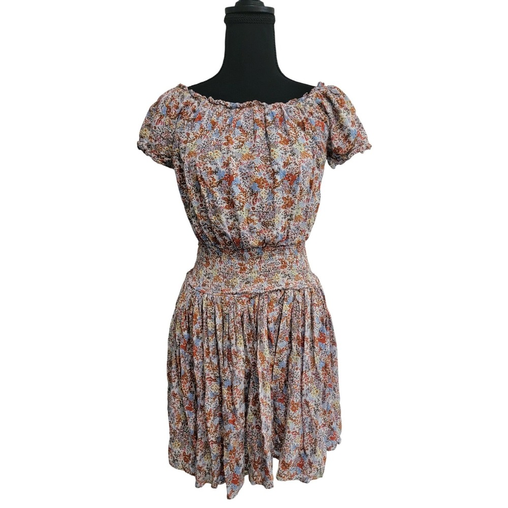 New Look Floral Smocked Waist Mini Dress Blue Orange Ditsy Puff Sleeve Large - Picture 2 of 4